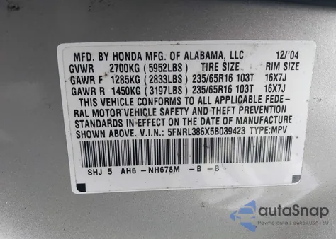 2005 Honda Odyssey Ex-L z USA, uszkodzony, nr VIN 5FNRL386X5B039423